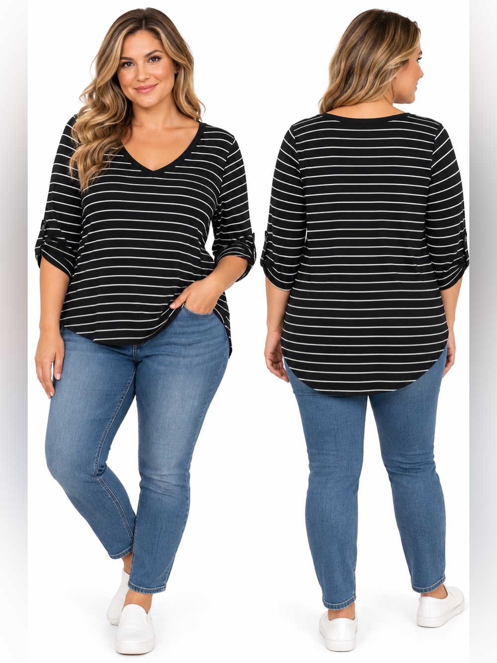 Style & Co Essentials 1X Black White Striped V Neck Tunic Top